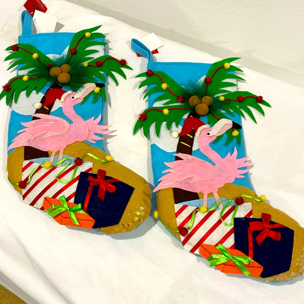 NWT PINK FLAMINGO and Palm Tree Appliqued Holiday Christmas Stockings Pair of 2